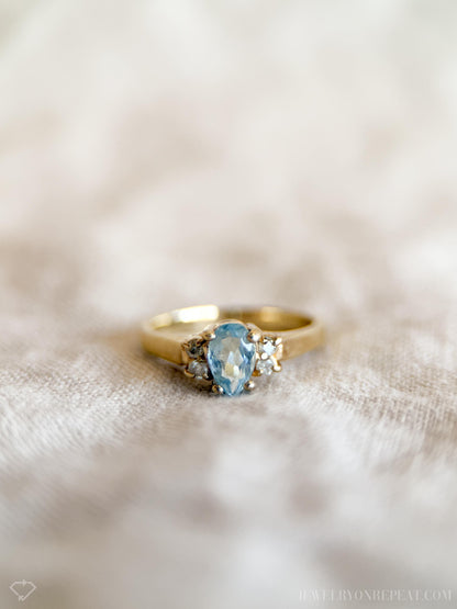 Vintage Blue Topaz and Diamond Engagement Ring, Pear Cut, 14k Gold, Alternative Bridal Ring