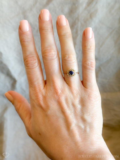 Vintage Sapphire and Diamond Halo Engagement Ring, Round Cut, 14k Gold, Bridal Ring
