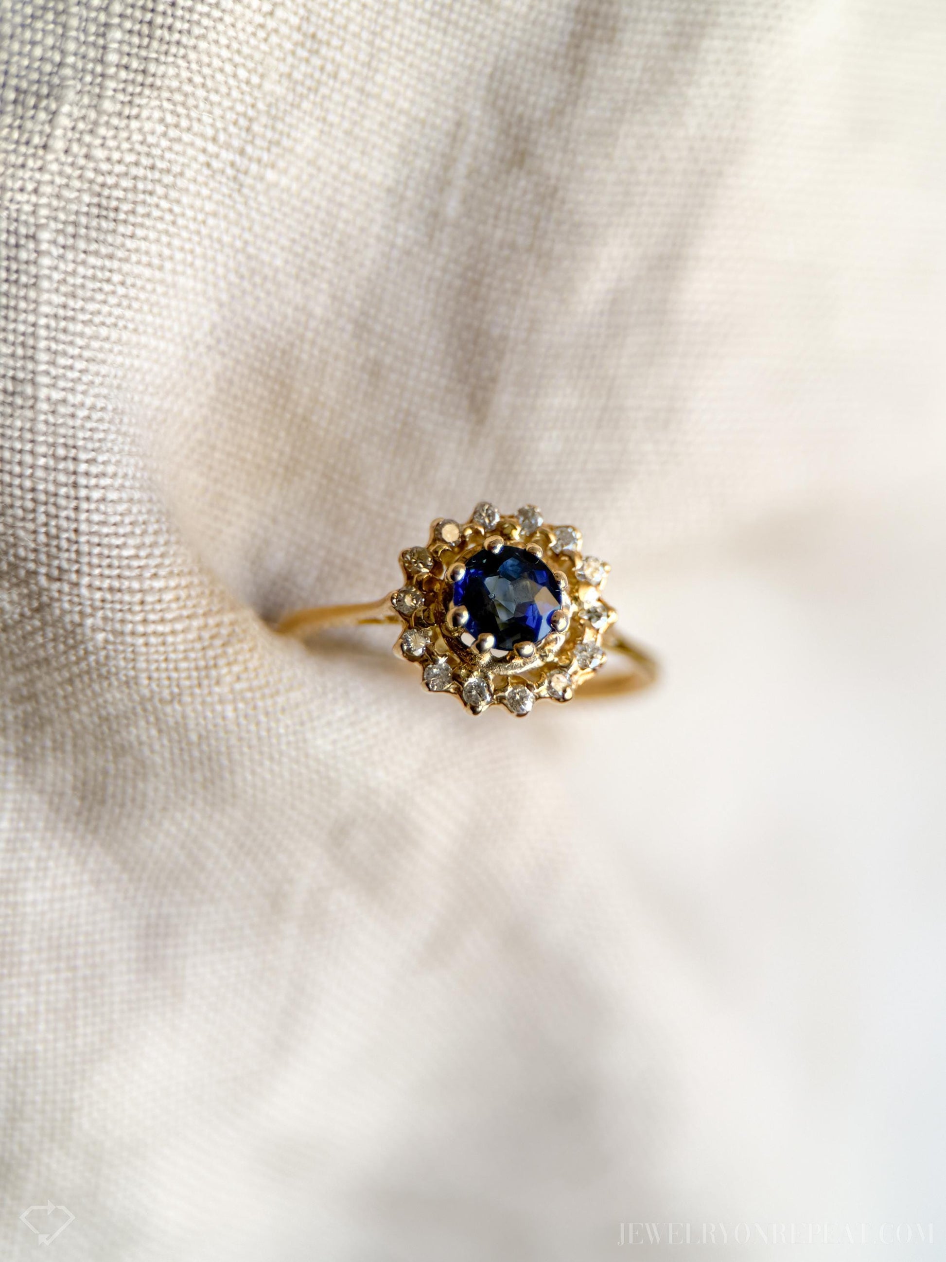 Vintage Sapphire and Diamond Halo Engagement Ring, Round Cut, 14k Gold, Bridal Ring