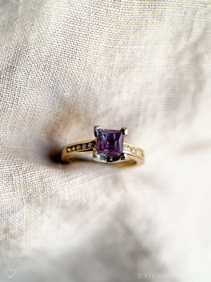 Vintage Alexandrite and Diamond Engagement Ring, Square Cut, 10k Gold Channel Alternative Bridal Ring