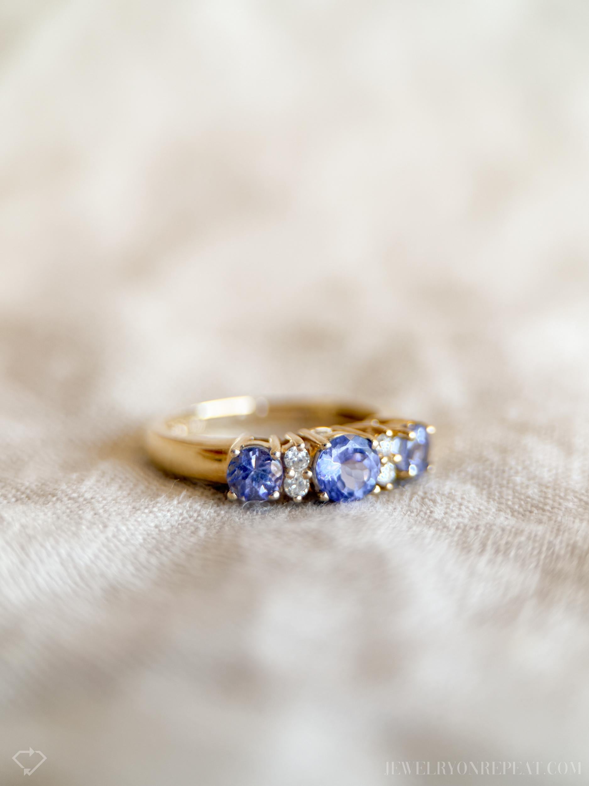 Vintage Tanzanite and Diamond Ring, 14k Gold, Prong Set Gemstone Band, Anniversary Ring