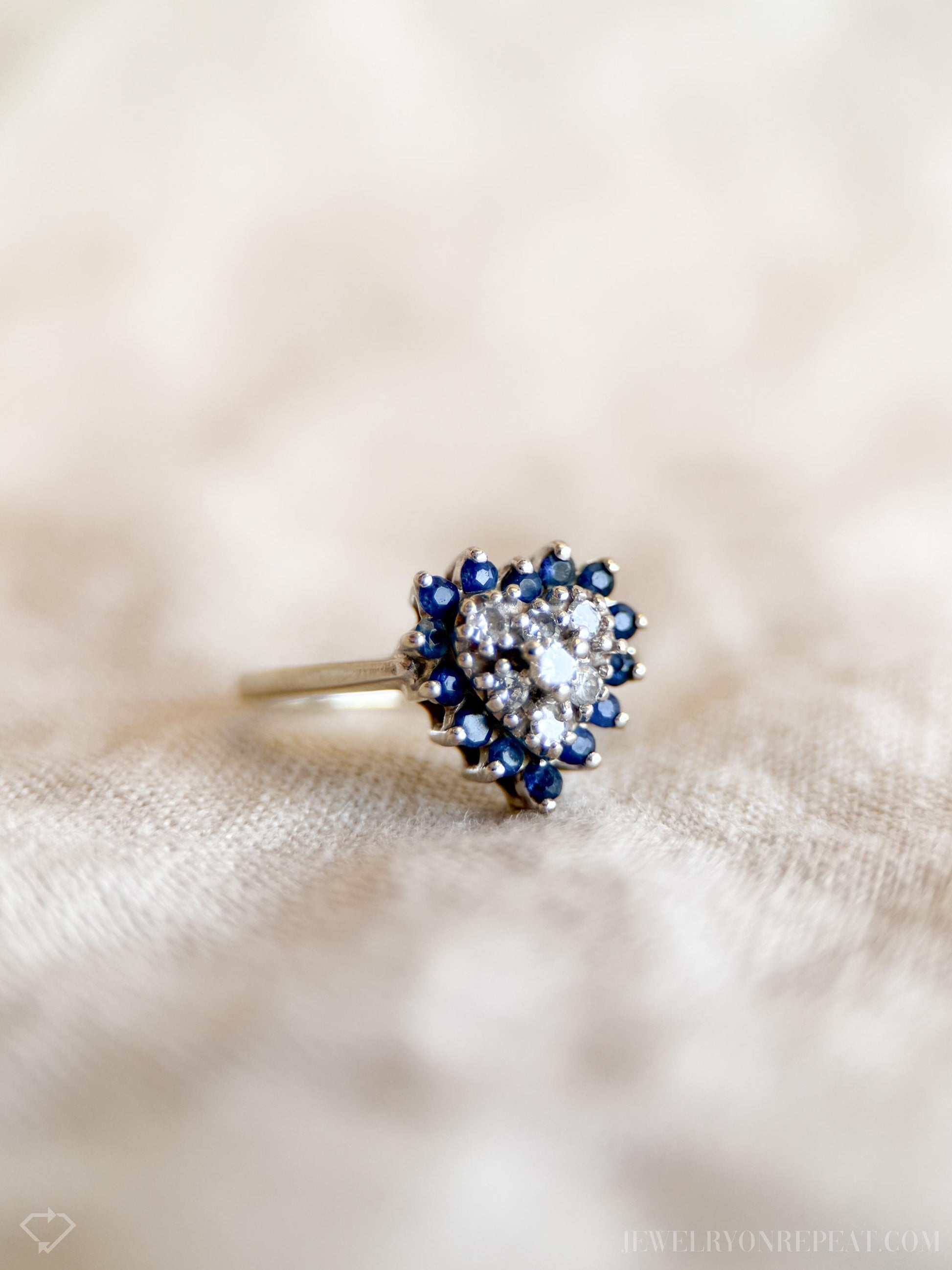 Vintage Sapphire and Diamond Heart Shaped Ring in 14k White Gold, Retro Jewelry from the 1990s - Timeless, Sustainable, @JewelryOnRepeat