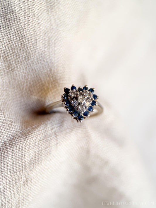 Vintage Sapphire and Diamond Heart Shaped Ring in 14k White Gold, Retro Jewelry from the 1990s - Timeless, Sustainable, @JewelryOnRepeat
