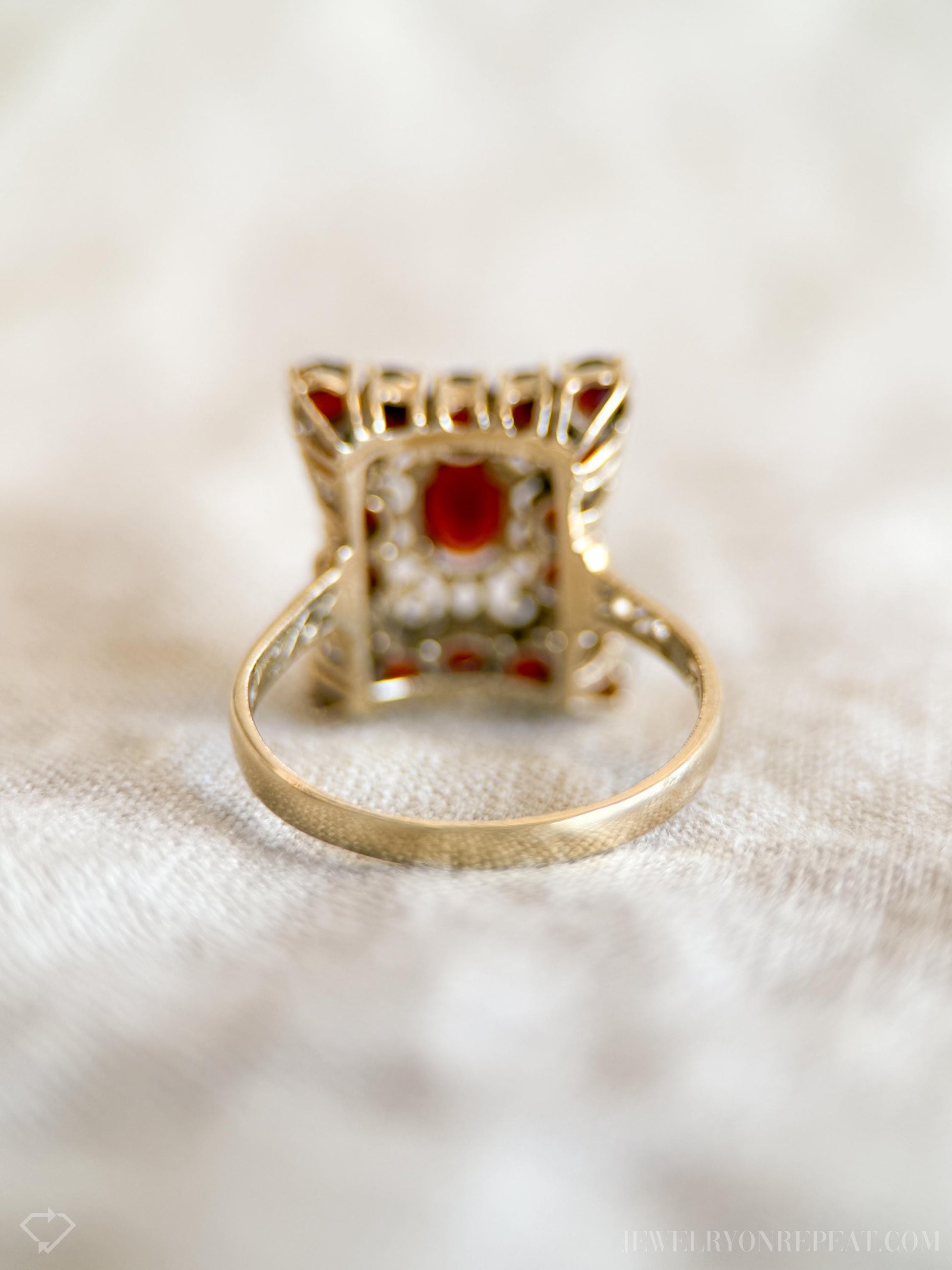 Vintage Garnet Halo Gemstone Ring in 14k Gold, Vintage Jewelry from the 1980s - Timeless, Sustainable, @JewelryOnRepeat