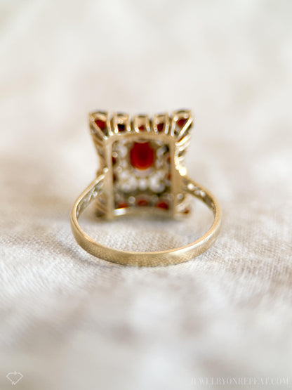 Vintage Garnet Halo Ring, 14k Gold, Gothic Filigree Statement Ring, Victorian Style Jewelry