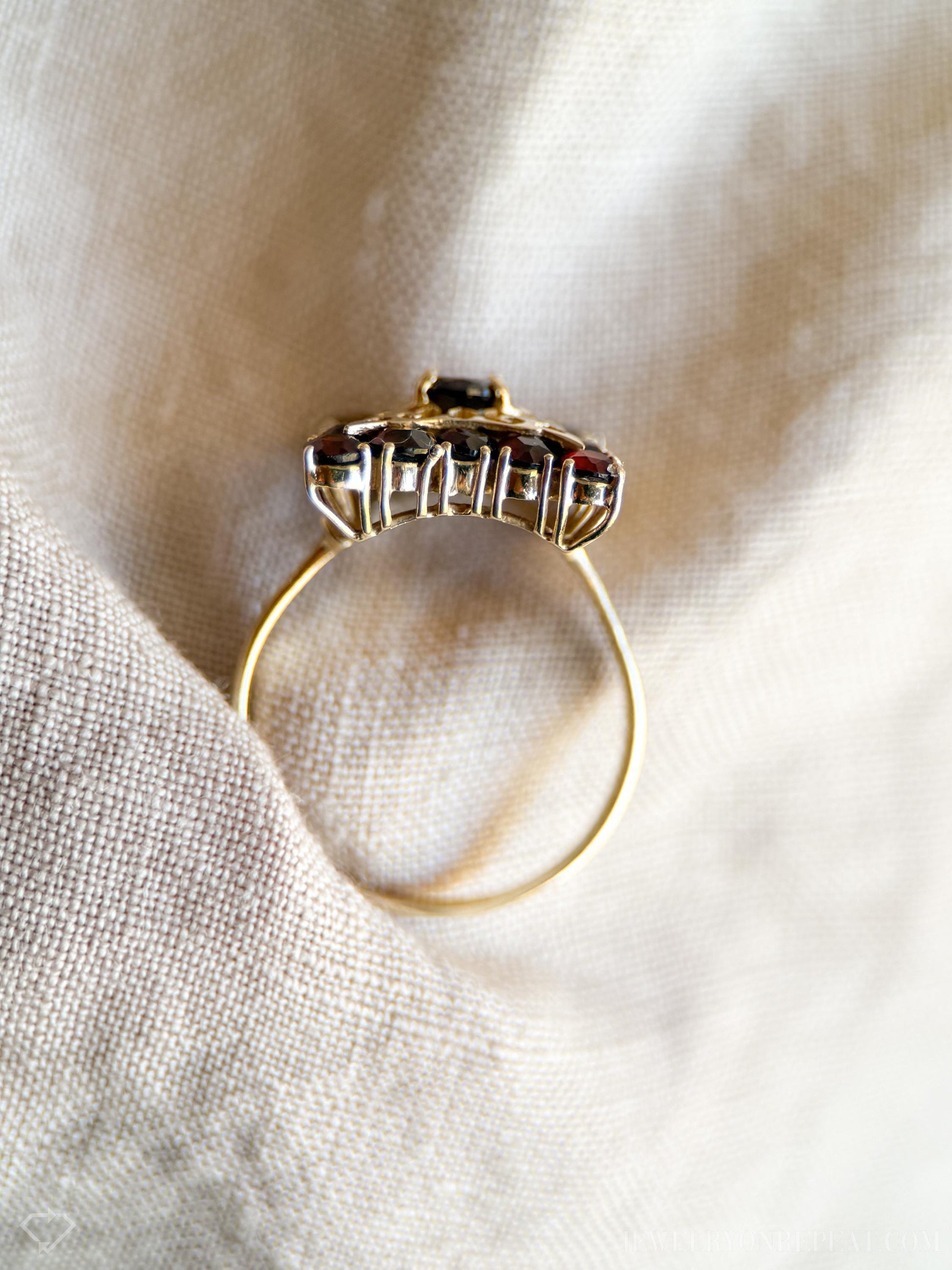 Vintage Garnet Halo Gemstone Ring in 14k Gold, Vintage Jewelry from the 1980s - Timeless, Sustainable, @JewelryOnRepeat