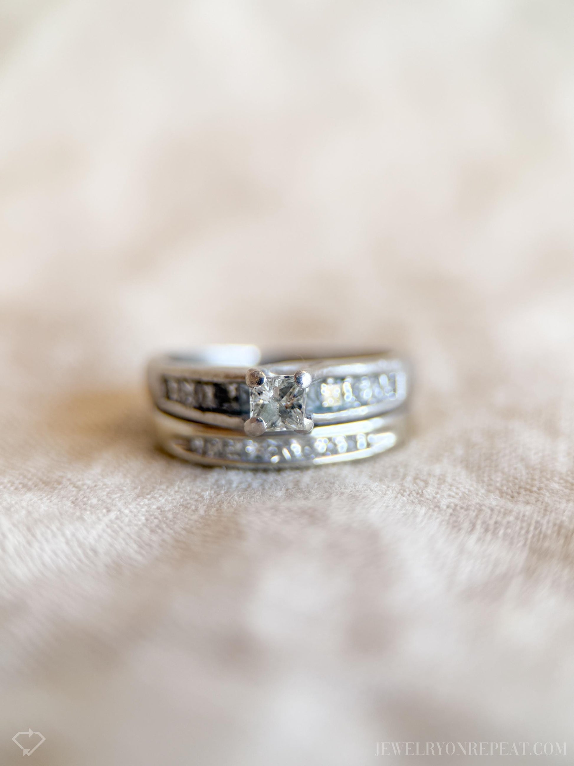 Vintage Diamond Princess Cut Channel Bridal Set in 14k White Gold and Platinum, Engagement Ring Set- Timeless, Sustainable, @JewelryOnRepeat