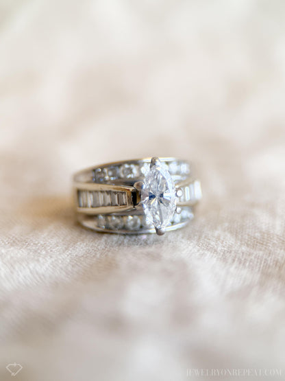 Vintage Diamond Engagement Ring, Marquise Cut, 14k White Gold, Channel Set Cathedral Bridal Ring
