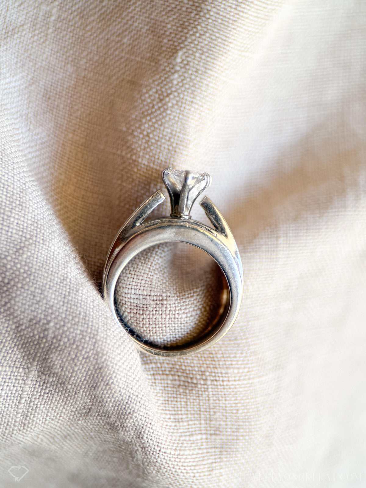 Vintage Diamond Engagement Ring, Marquise Cut, 14k White Gold, Channel Set Cathedral Bridal Ring