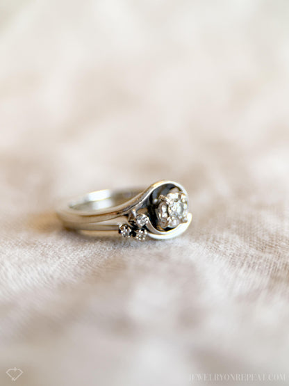 Vintage Diamond Engagement Ring, Round Cut, 14k White Gold, 1950s Mid-Century Swirl Bridal Ring