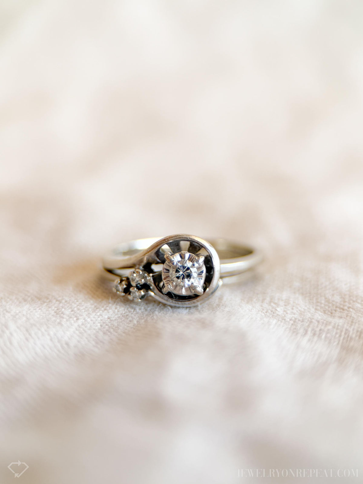 Vintage Diamond Engagement Ring, Round Cut, 14k White Gold, 1950s Mid-Century Swirl Bridal Ring