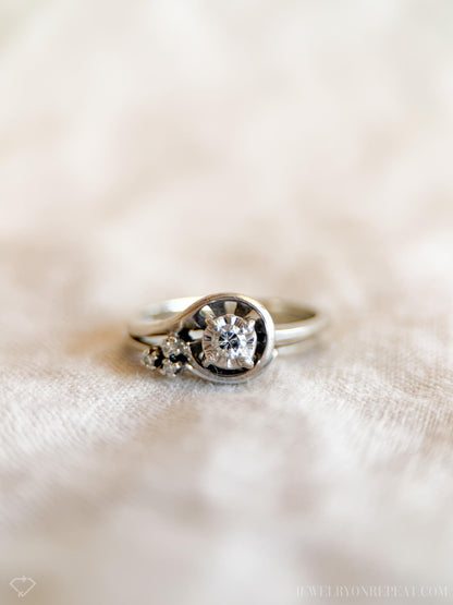 Vintage Diamond Engagement Ring, Round Cut, 14k White Gold, 1950s Mid-Century Swirl Bridal Ring