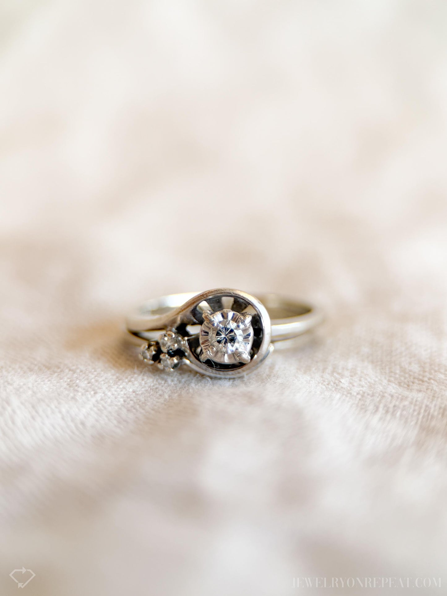 Vintage Diamond Engagement Ring, Round Cut, 14k White Gold, 1950s Mid-Century Swirl Bridal Ring