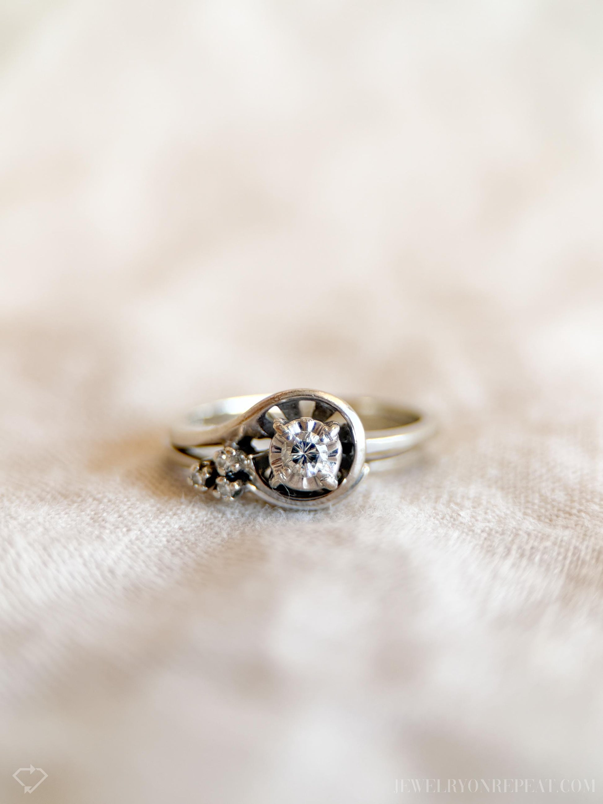 Vintage Diamond Engagement Ring, Round Cut, 14k White Gold, 1950s Mid-Century Swirl Bridal Ring