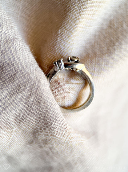 Vintage Diamond Engagement Ring, Round Cut, 14k White Gold, 1950s Mid-Century Swirl Bridal Ring