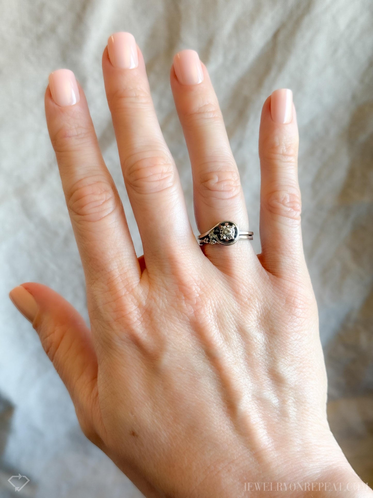 Vintage Diamond Engagement Ring, Round Cut, 14k White Gold, 1950s Mid-Century Swirl Bridal Ring