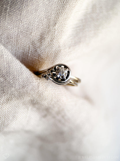 Vintage Diamond Engagement Ring, Round Cut, 14k White Gold, 1950s Mid-Century Swirl Bridal Ring