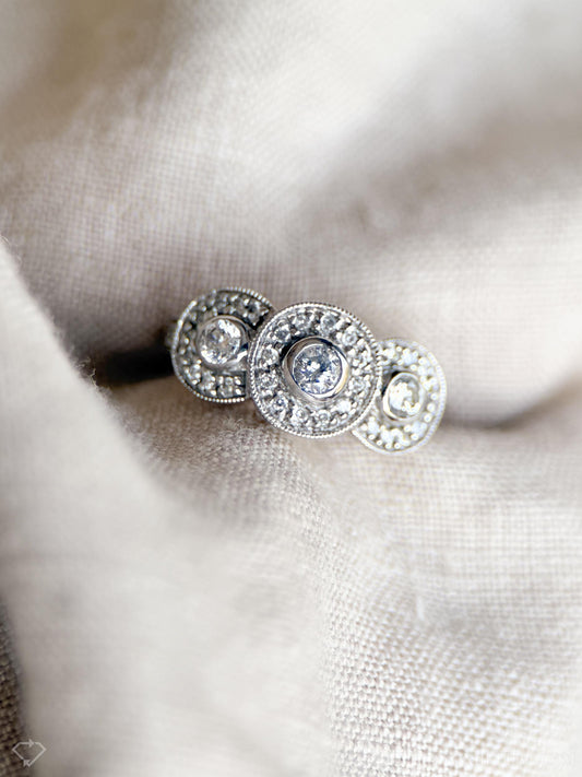 Vintage Diamond Halo Bezel Three Stone Engagement Ring in 14k White Gold - Retro 1990s Jewelry - Timeless, Sustainable, @JewelryOnRepeat