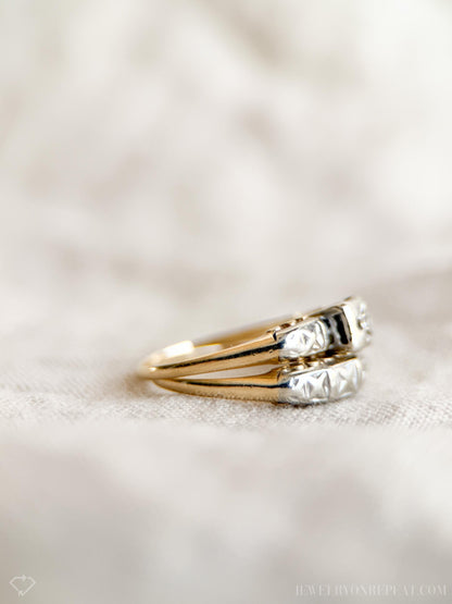Antique Diamond Engagement & Wedding Ring, Round Cut, 14k Gold, 1920s Art Deco Bridal Set