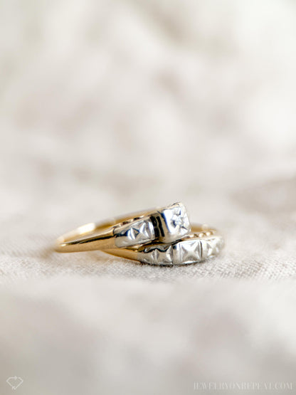 Antique Diamond Engagement & Wedding Ring, Round Cut, 14k Gold, 1920s Art Deco Bridal Set