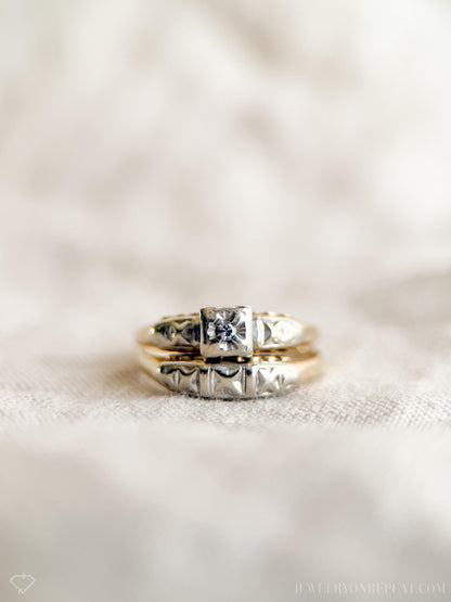 Antique Diamond Engagement & Wedding Ring, Round Cut, 14k Gold, 1920s Art Deco Bridal Set