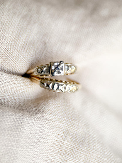 Antique Diamond Engagement & Wedding Ring, Round Cut, 14k Gold, 1920s Art Deco Bridal Set