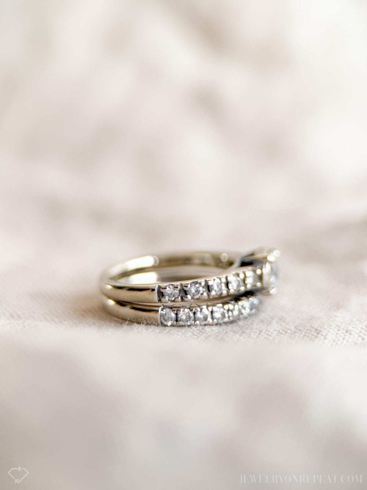 Vintage Diamond Engagement Ring & Wedding Band, Round Cut, 14k White Gold, Classic Bridal Set