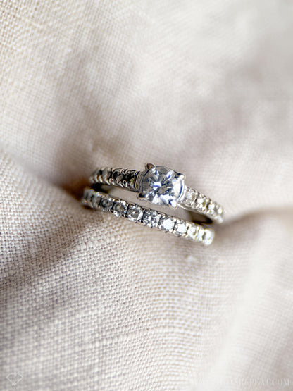 Vintage Diamond Engagement Ring & Wedding Band, Round Cut, 14k White Gold, Classic Bridal Set