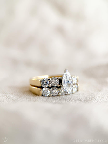 Vintage Diamond Engagement and Wedding Rings, Marquise Cut, 14k Gold, Classic Prong Bridal Set