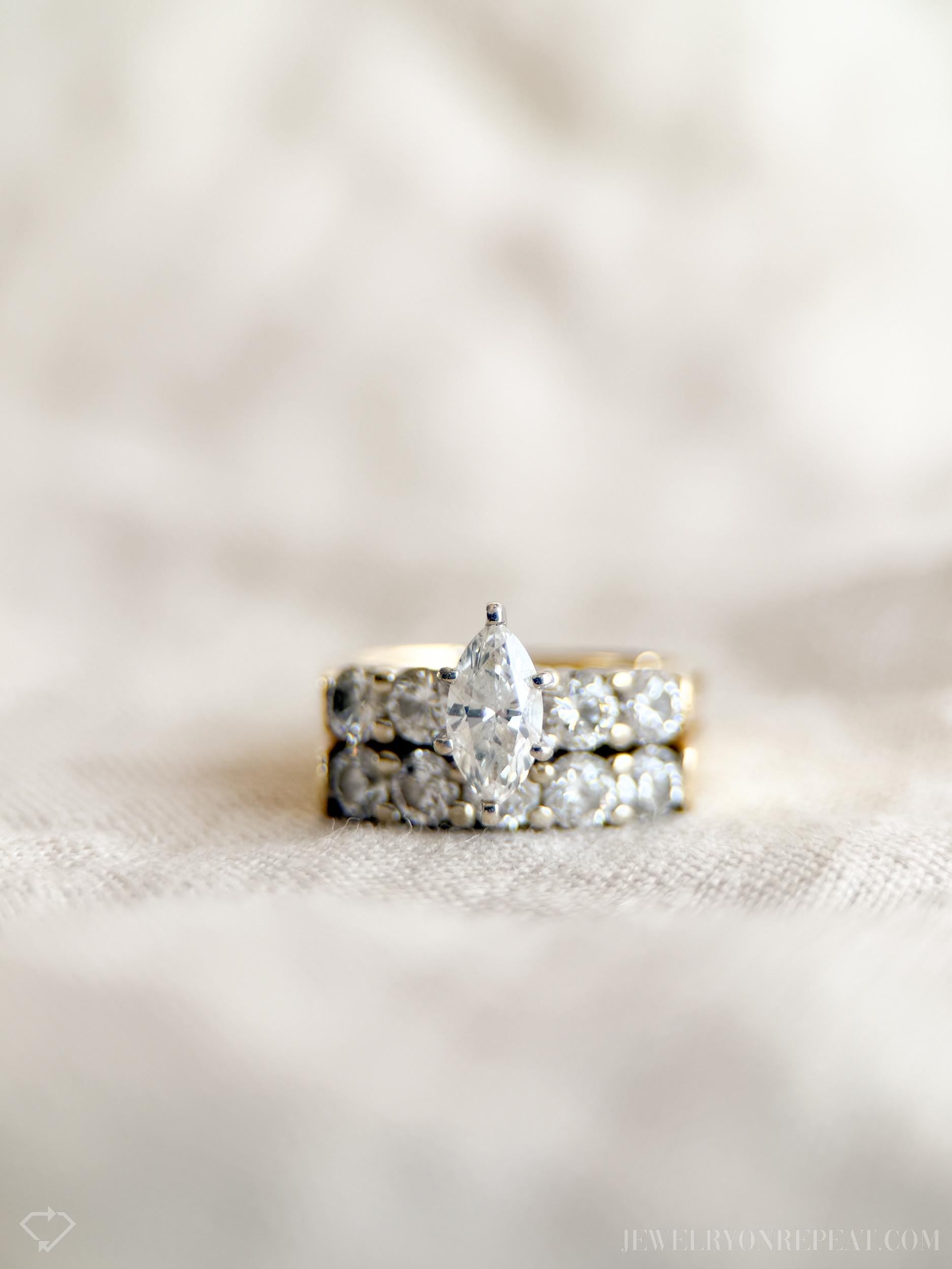 Vintage Diamond Engagement and Wedding Rings, Marquise Cut, 14k Gold, Classic Prong Bridal Set