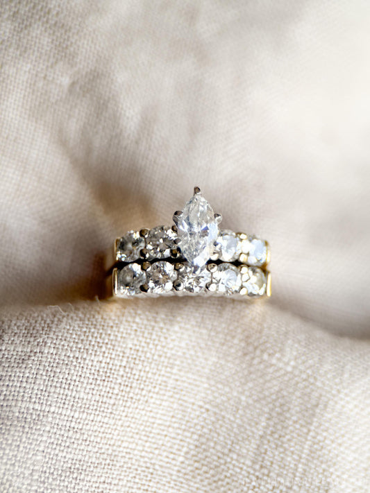 Vintage Diamond Engagement and Wedding Rings, Marquise Cut, 14k Gold, Classic Prong Bridal Set