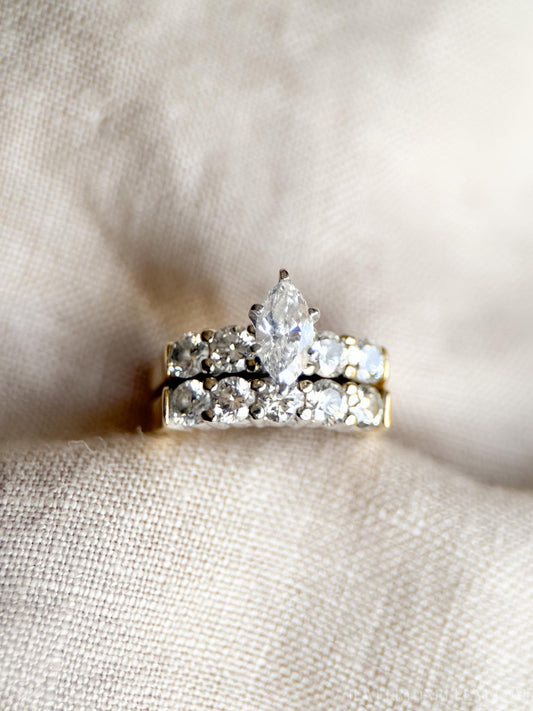 Vintage Diamond Engagement and Wedding Rings, Marquise Cut, 14k Gold, Classic Prong Bridal Set