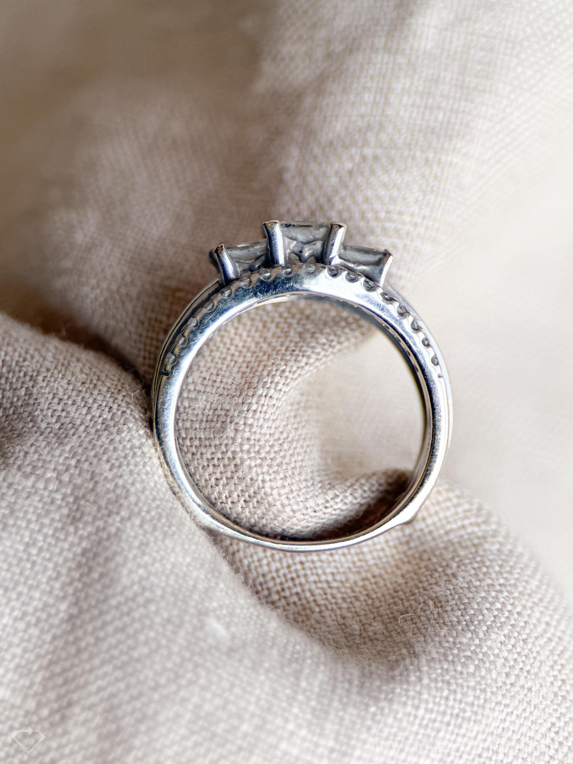 Vintage Diamond Engagement & Wedding Rings, Princess Cut, 14k White Gold, 1990s Three-Stone Bridal Set