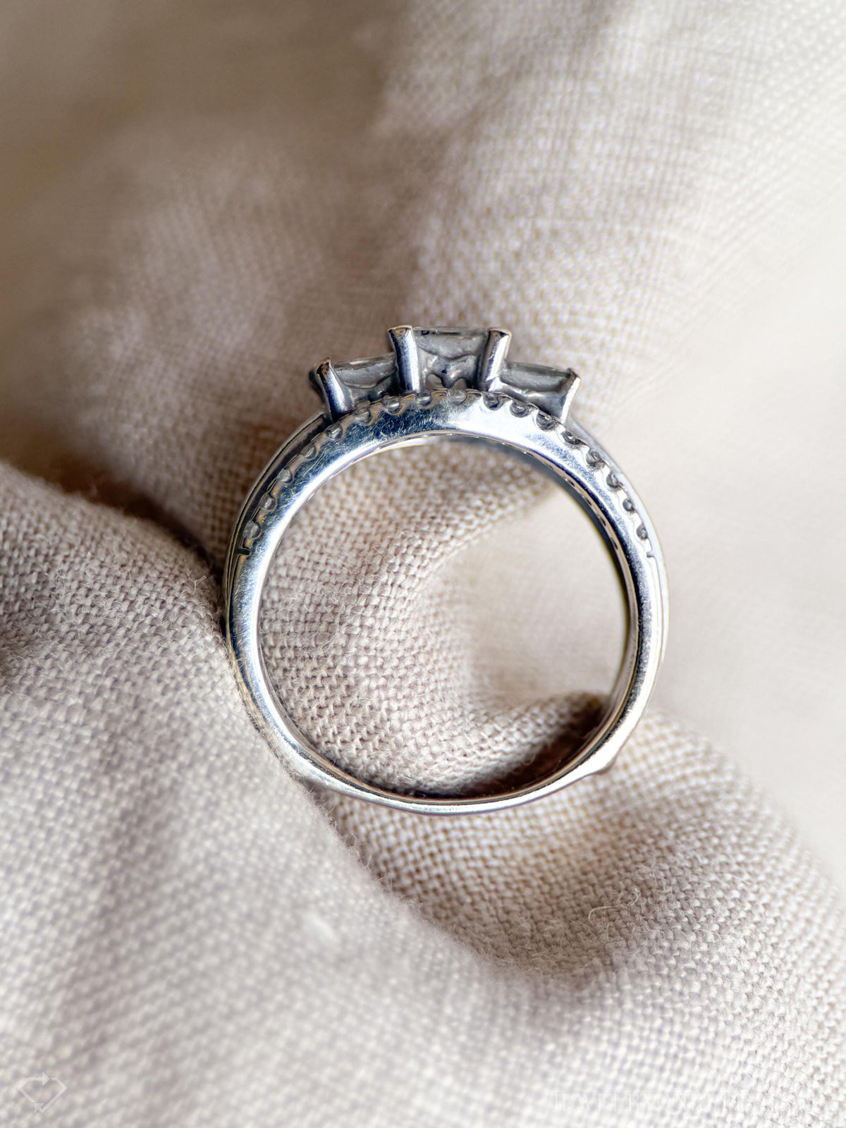 Vintage Diamond Engagement & Wedding Rings, Princess Cut, 14k White Gold, 1990s Three-Stone Bridal Set