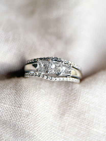 Vintage Diamond Engagement & Wedding Rings, Princess Cut, 14k White Gold, 1990s Three-Stone Bridal Set