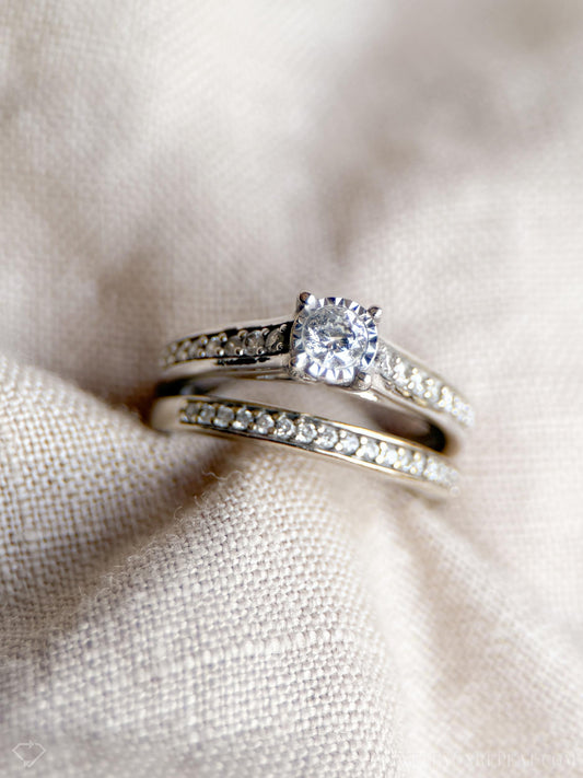 Vintage Diamond Engagement and Wedding Rings, Round Cut, 14k White Gold, Classic Bridal Set