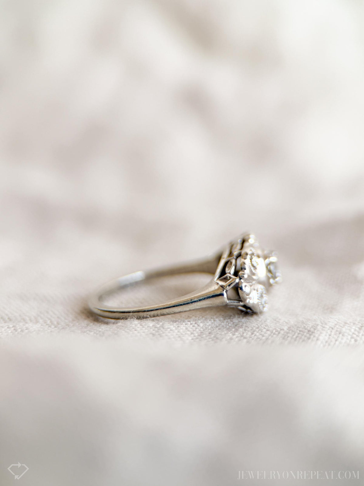 Vintage Diamond Engagement Ring, Round Cut, 14k White Gold, 1950s Art Nouveau Bridal Ring