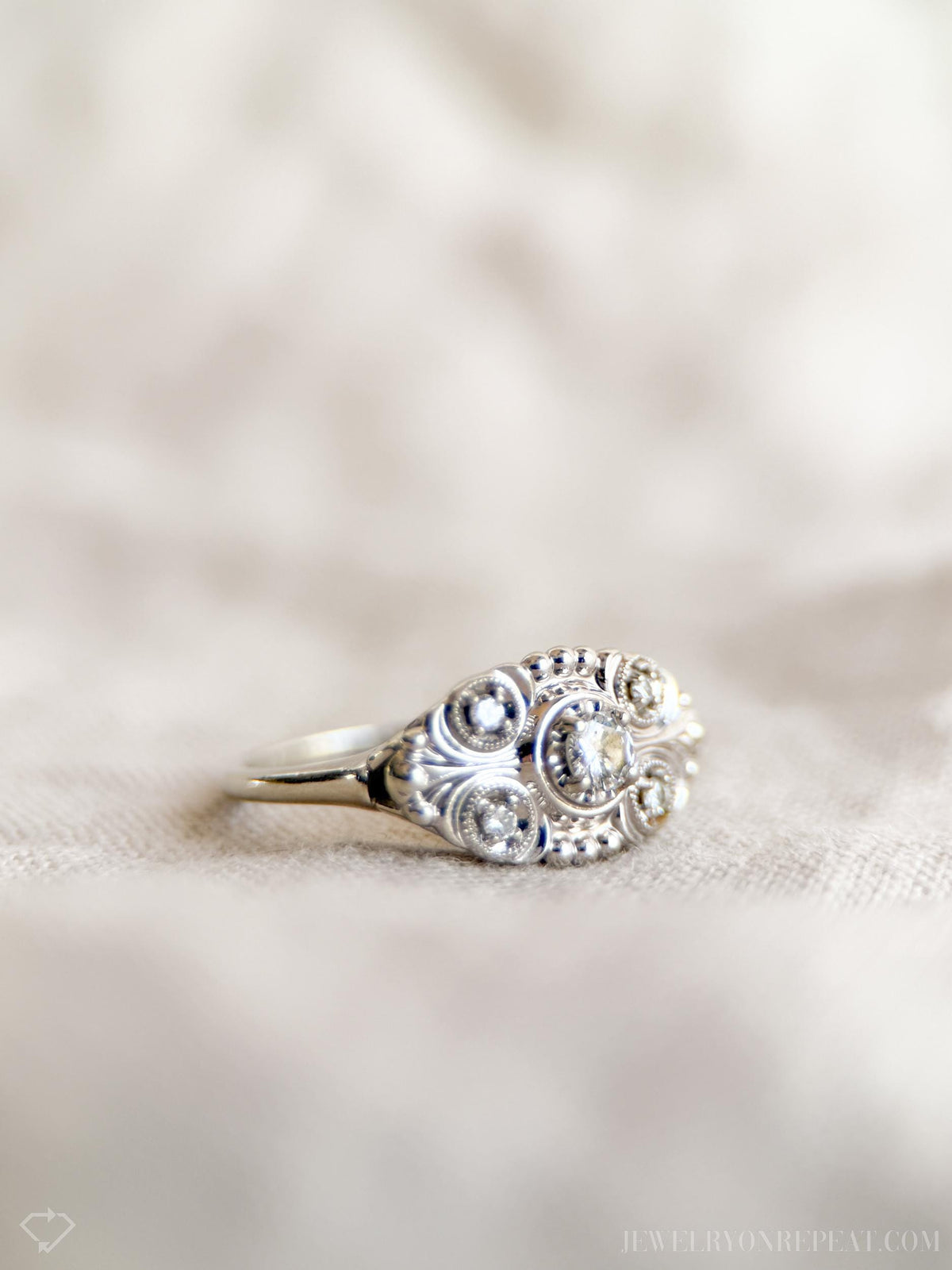 Vintage Diamond Engagement Ring, Round Cut, 14k White Gold, 1950s Art Nouveau Bridal Ring