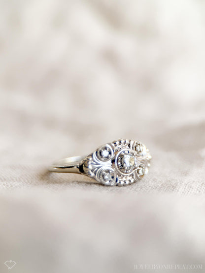 Vintage Diamond Engagement Ring, Round Cut, 14k White Gold, 1950s Art Nouveau Bridal Ring