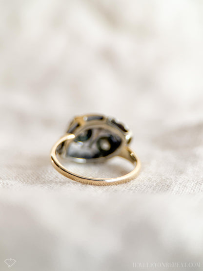 Vintage Diamond Engagement Ring, Round Cut, 14k White & Yellow Gold, 1950s Art Nouveau Two-Stone