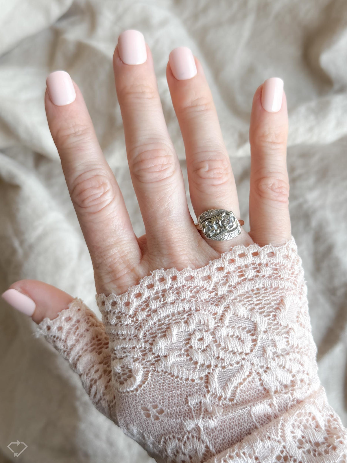 Vintage Diamond Engagement Ring, Round Cut, 14k White & Yellow Gold, 1950s Art Nouveau Two-Stone