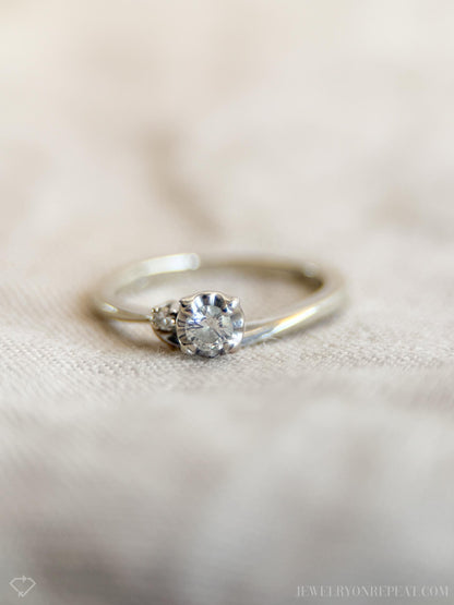 Vintage Diamond Engagement Ring, Round Cut, 14k White Gold, 1960s Asymmetrical Mid-Century Design