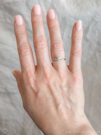 Vintage Diamond Engagement Ring, Round Cut, 14k White Gold, 1960s Asymmetrical Mid-Century Design