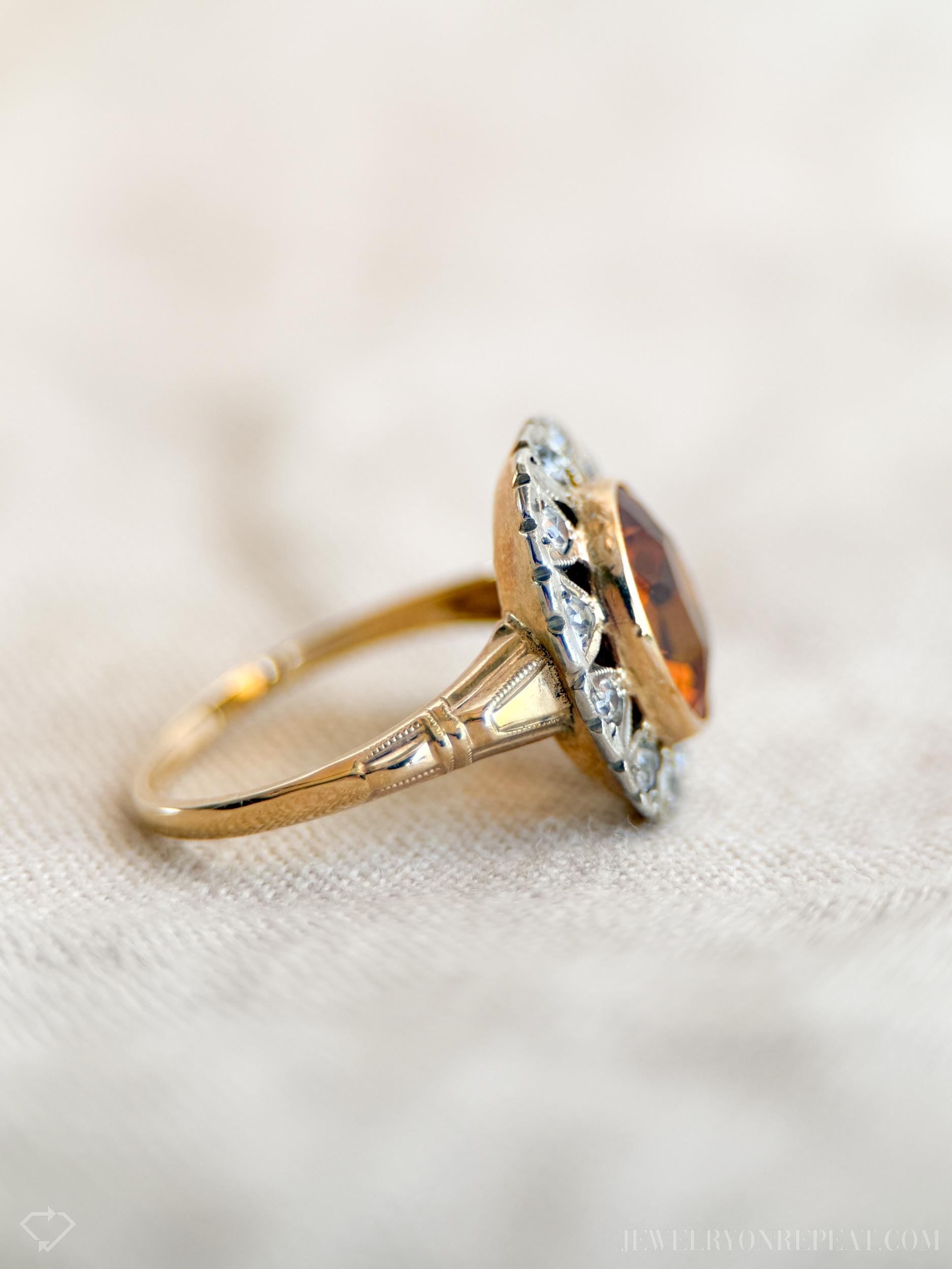 Vintage Citrine Gemstone Halo Cocktail Ring in 10k Gold, Retro Jewelry from the 1940s - Timeless, Sustainable, @JewelryOnRepeat
