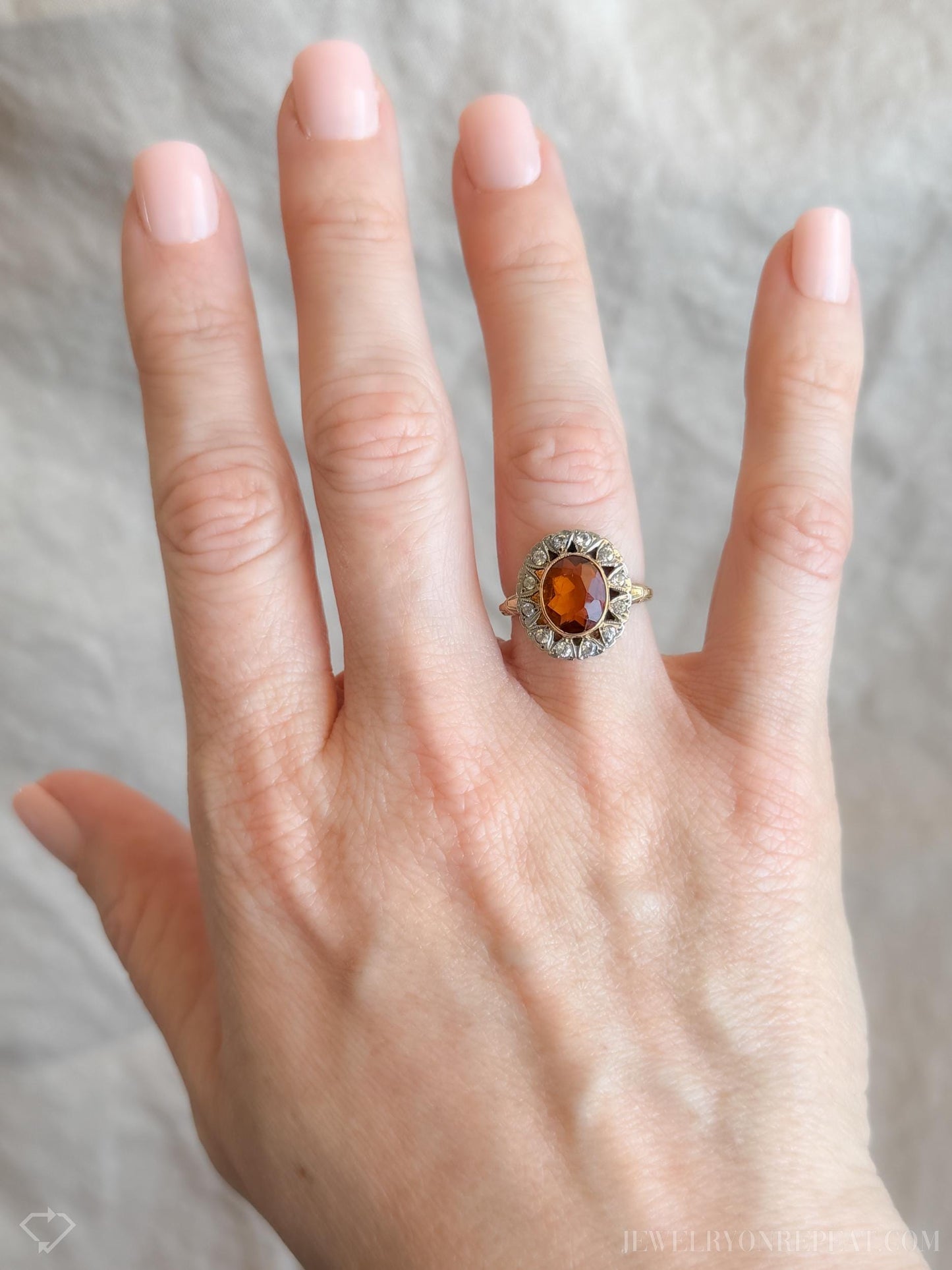 Vintage Citrine Gemstone Halo Cocktail Ring in 10k Gold, Retro Jewelry from the 1940s - Timeless, Sustainable, @JewelryOnRepeat