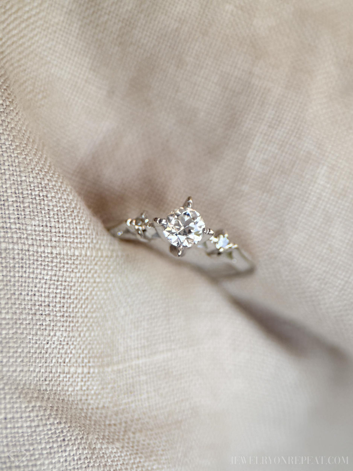 Vintage Diamond Engagement Ring, Old European Cut, 14k White Gold, 1930s Art Deco Three-Stone