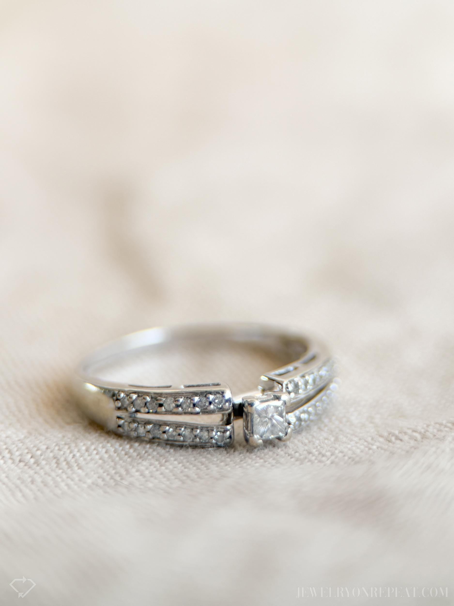 Vintage Princess Cut Diamond Engagement Ring, 10k White Gold, 1990s Split Band