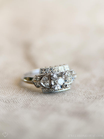 Vintage Diamond Engagement Ring, Old European Cut, 14k White Gold, 1940s Art Deco Setting