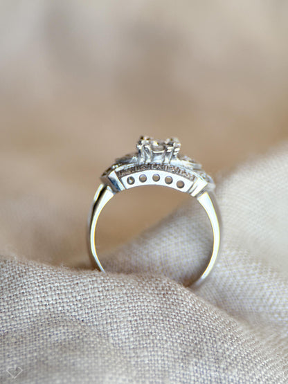 Vintage Diamond Engagement Ring, Old European Cut, 14k White Gold, 1940s Art Deco Setting