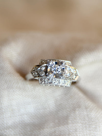 Vintage Diamond Engagement Ring, Old European Cut, 14k White Gold, 1940s Art Deco Setting